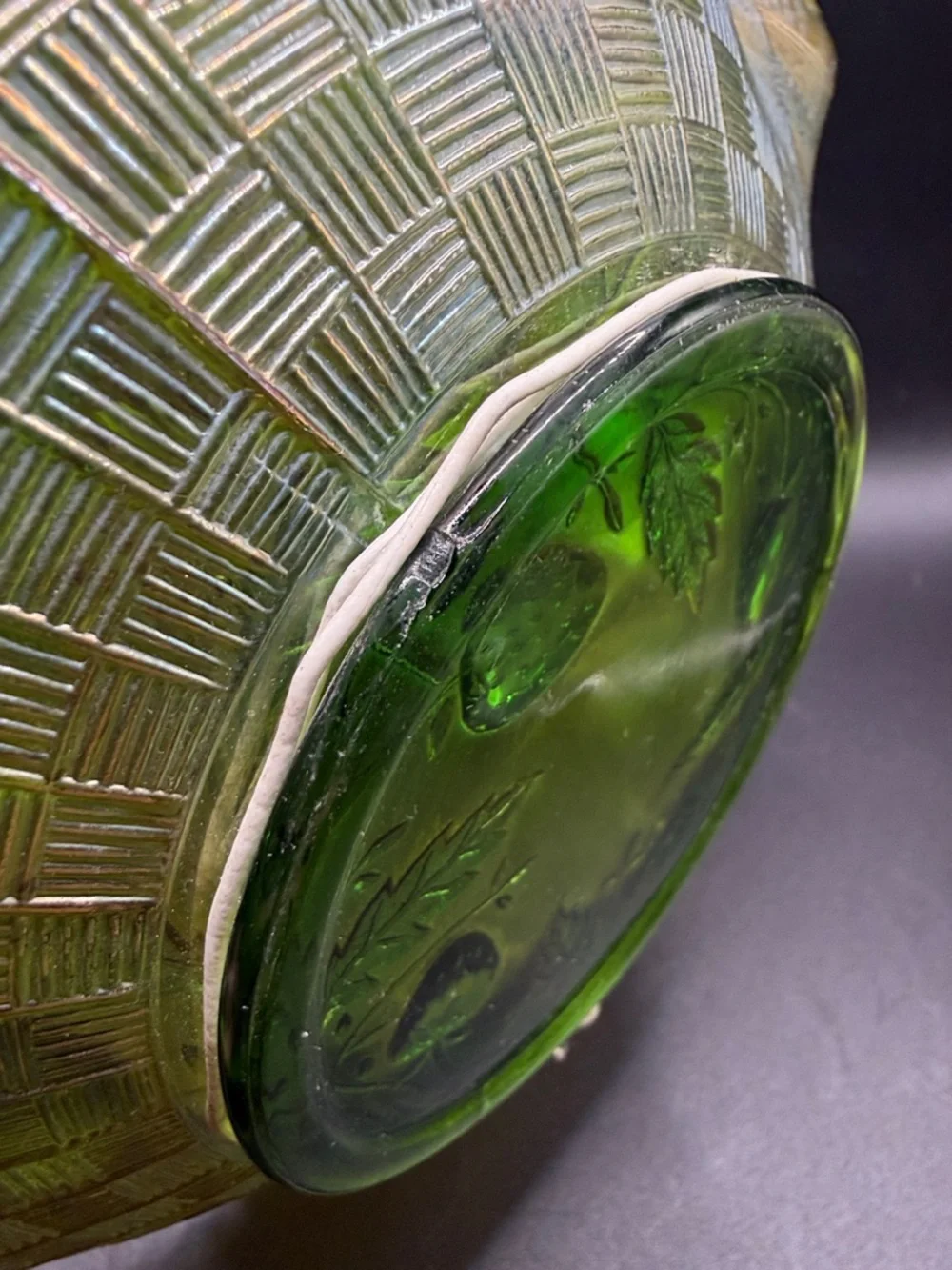 Northwood Antique Green Carnival Glass Strawberry Basketweave Ruffle Edge Bowl